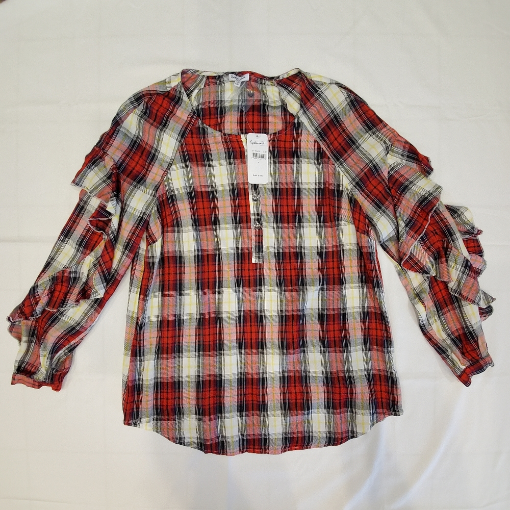 Splendid Plaid Button Front Ruffle Sleeve Top - Picture 9 of 14